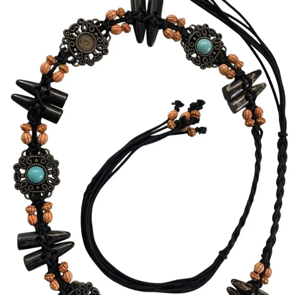 Bohemian Style Braided Rope Belt Turquoise Accented Metal Conchos Orange Beads